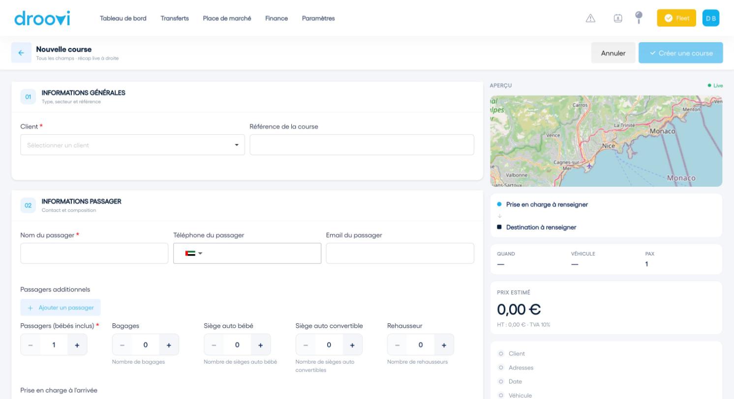 Le haut du formulaire : client, passager et aperçu en direct.