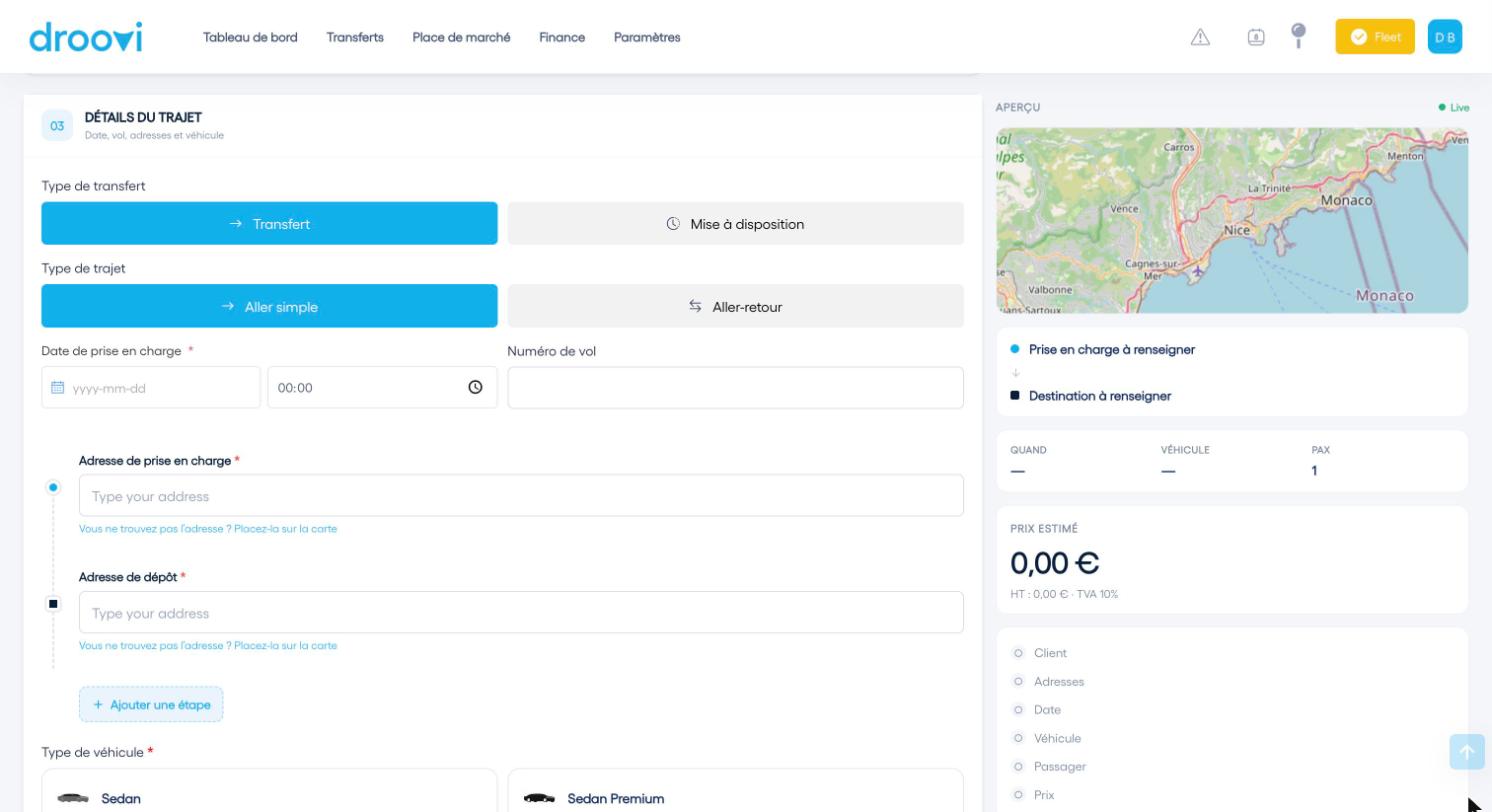 Le trajet : type de transfert, date, vol, adresses et véhicule.