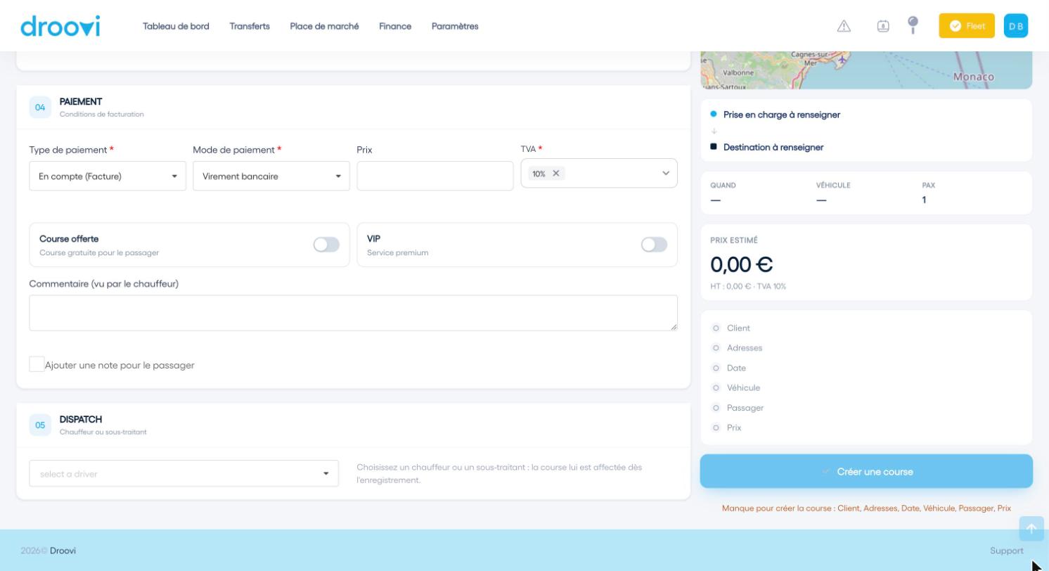 Le paiement, le dispatch et le bouton « Créer une course ».
