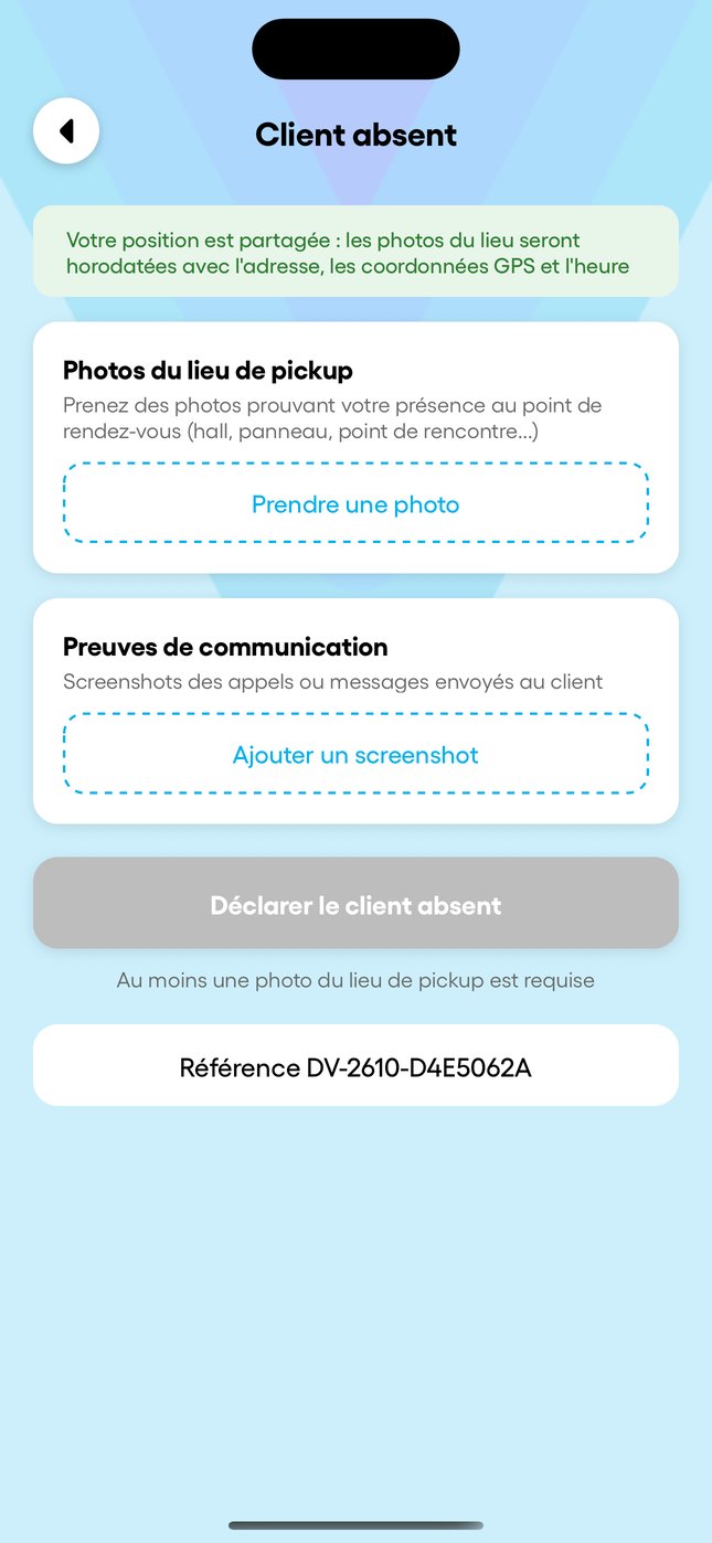 « Signaler un problème » et la déclaration de client absent.