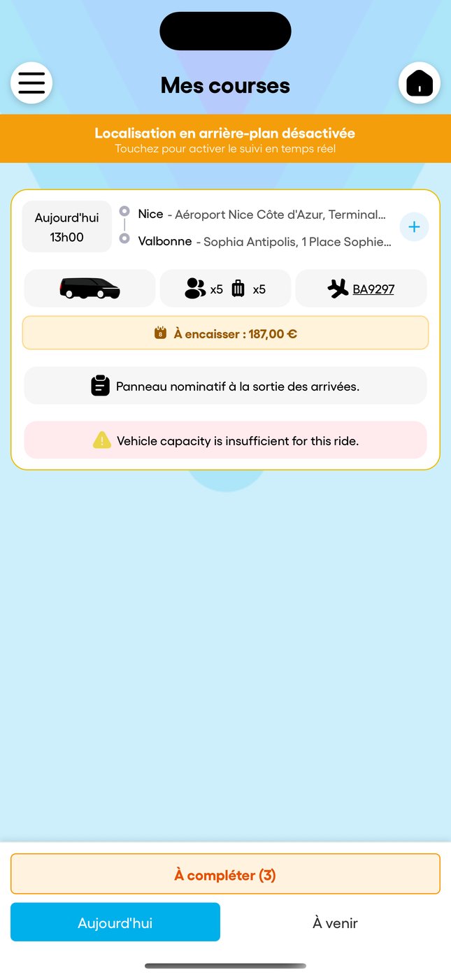 « Mes courses » : les courses du jour, l'heure, le trajet, le vol et le montant à encaisser.