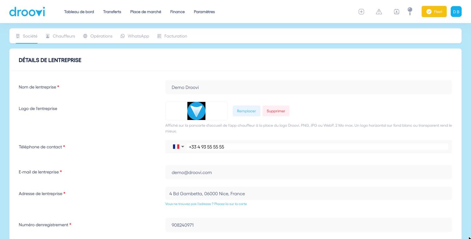 L'onglet Société : nom, logo, téléphone, email et adresse de l'entreprise.