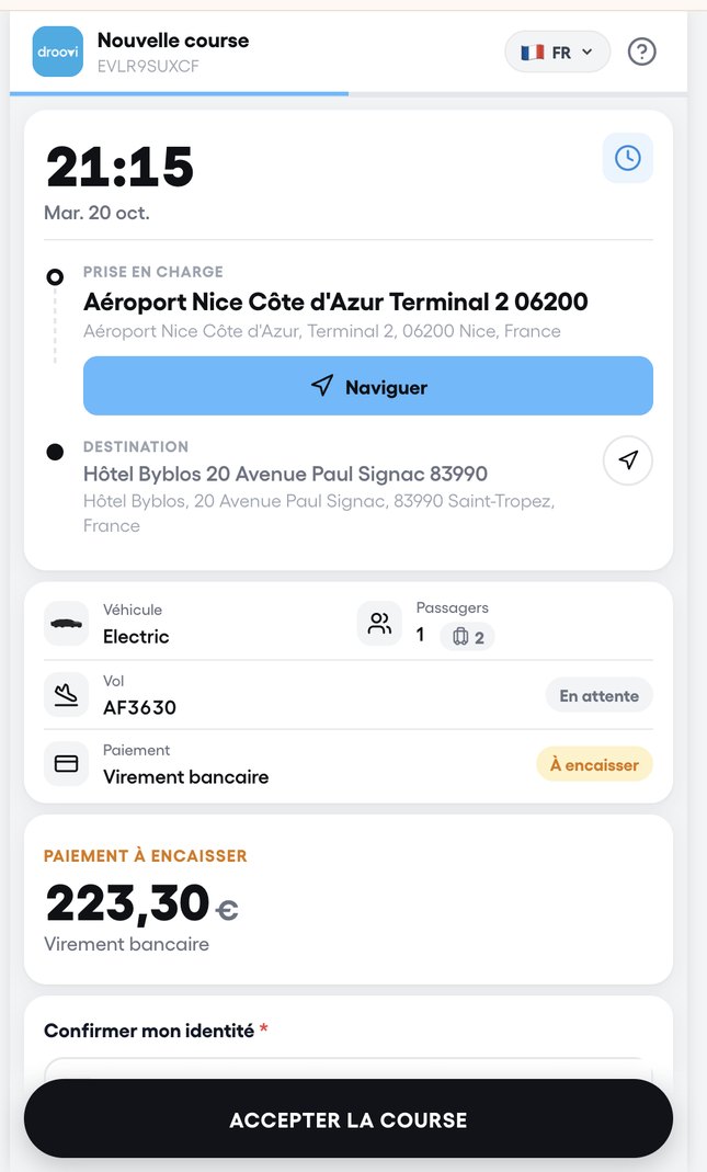 Dans l'app : « Confier la course », puis « Lien chauffeur ». La page que voit le chauffeur, en 4 langues.