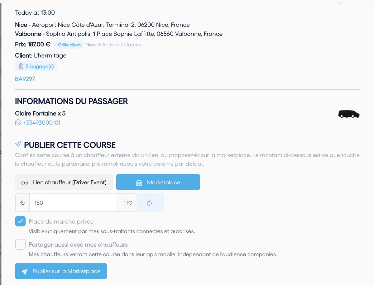 La fiche de la course : section « Publier cette course », onglet Marketplace.
