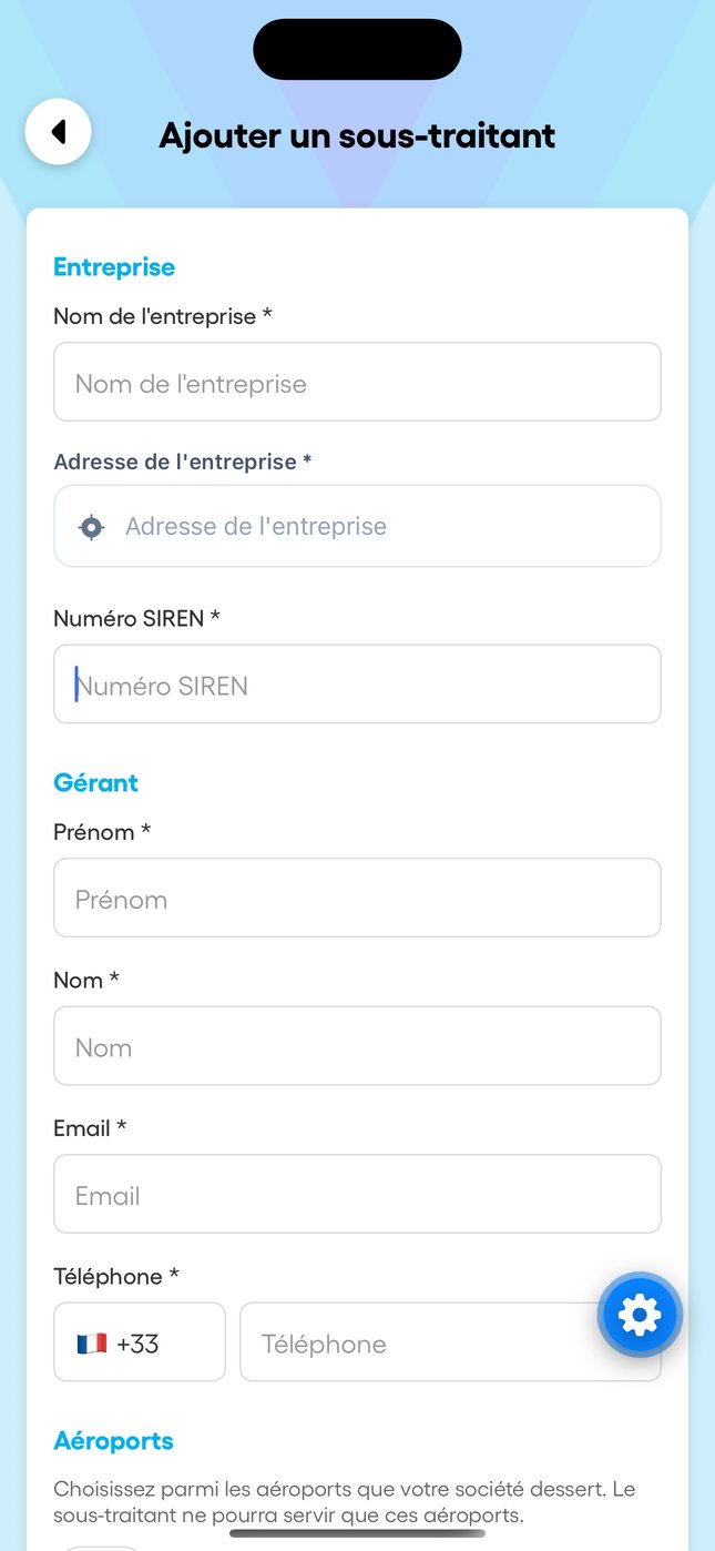 Dans l'app : la liste des sous-traitants avec le compteur de sièges, et le formulaire d'ajout.