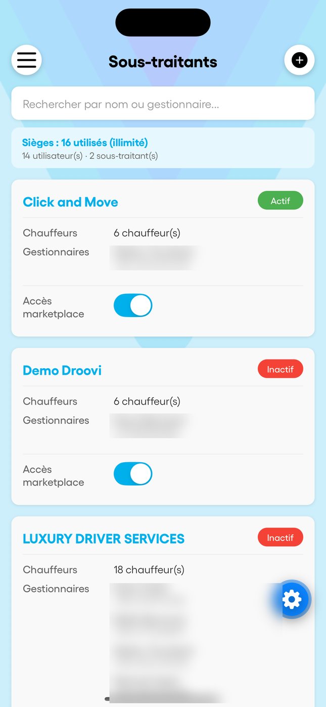 Dans l'app : la liste des sous-traitants avec le compteur de sièges, et le formulaire d'ajout.