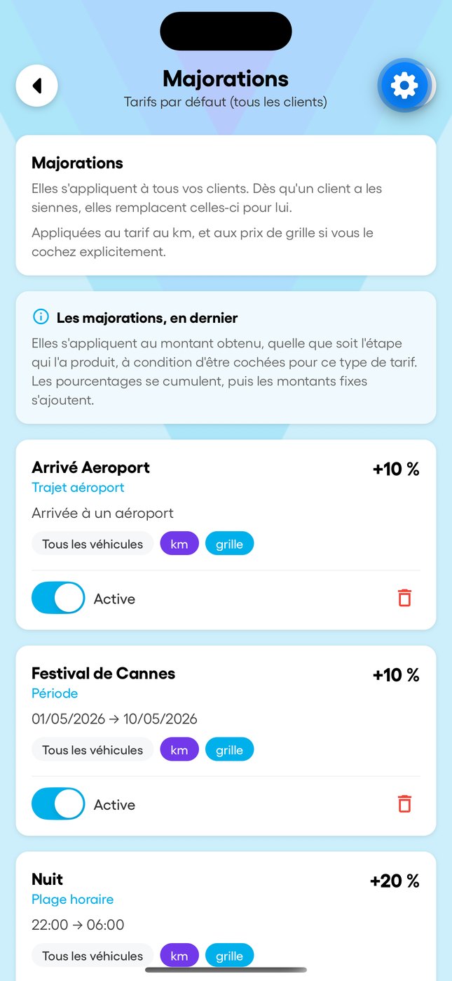Les majorations et la carte des zones dans l'app.