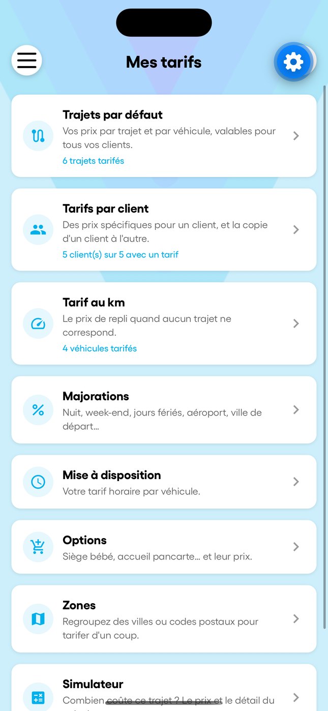 « Mes tarifs » et les routes par défaut dans l'app.