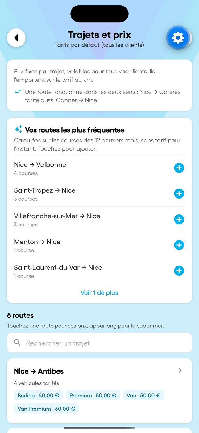 « Mes tarifs » et les routes par défaut dans l'app.