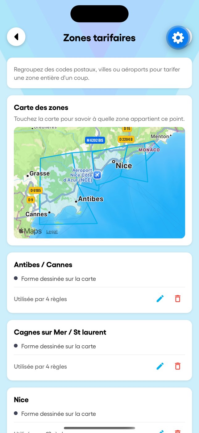 Les majorations et la carte des zones dans l'app.