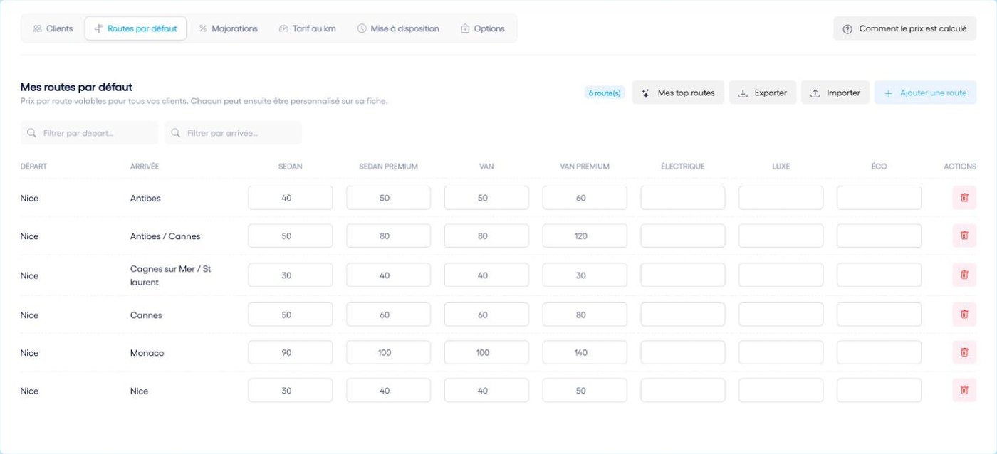 Routes par défaut : un prix par trajet et par véhicule, pour tous vos clients.