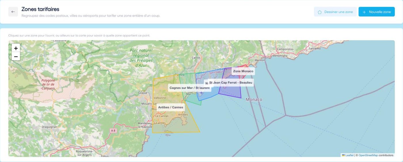 Zones tarifaires : chaque zone dessinée sur la carte.