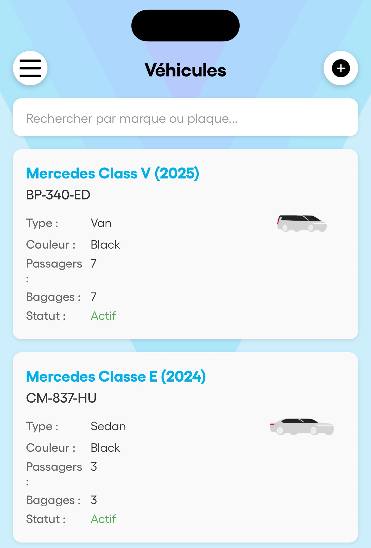 Dans l'app : la liste des véhicules et le formulaire d'ajout.