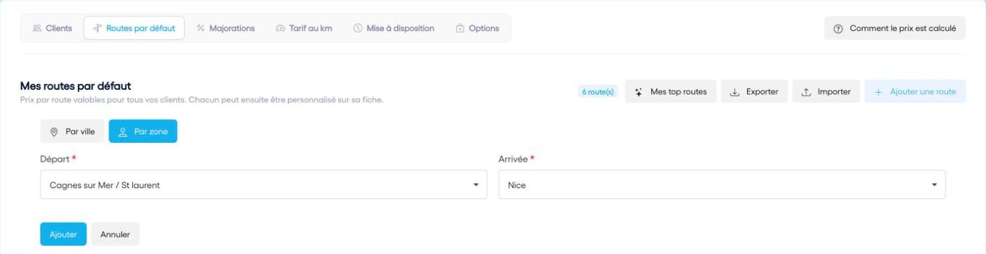 Ajouter une route « Par zone » : départ et arrivée choisis parmi vos zones.