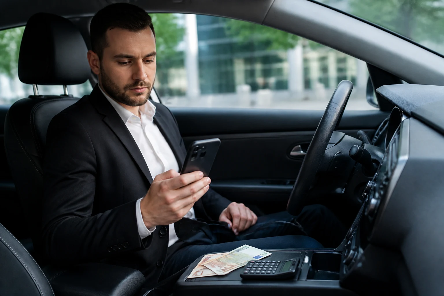 Chauffeur VTC vérifiant ses recettes du mois sur son téléphone et une calculatrice dans sa voiture