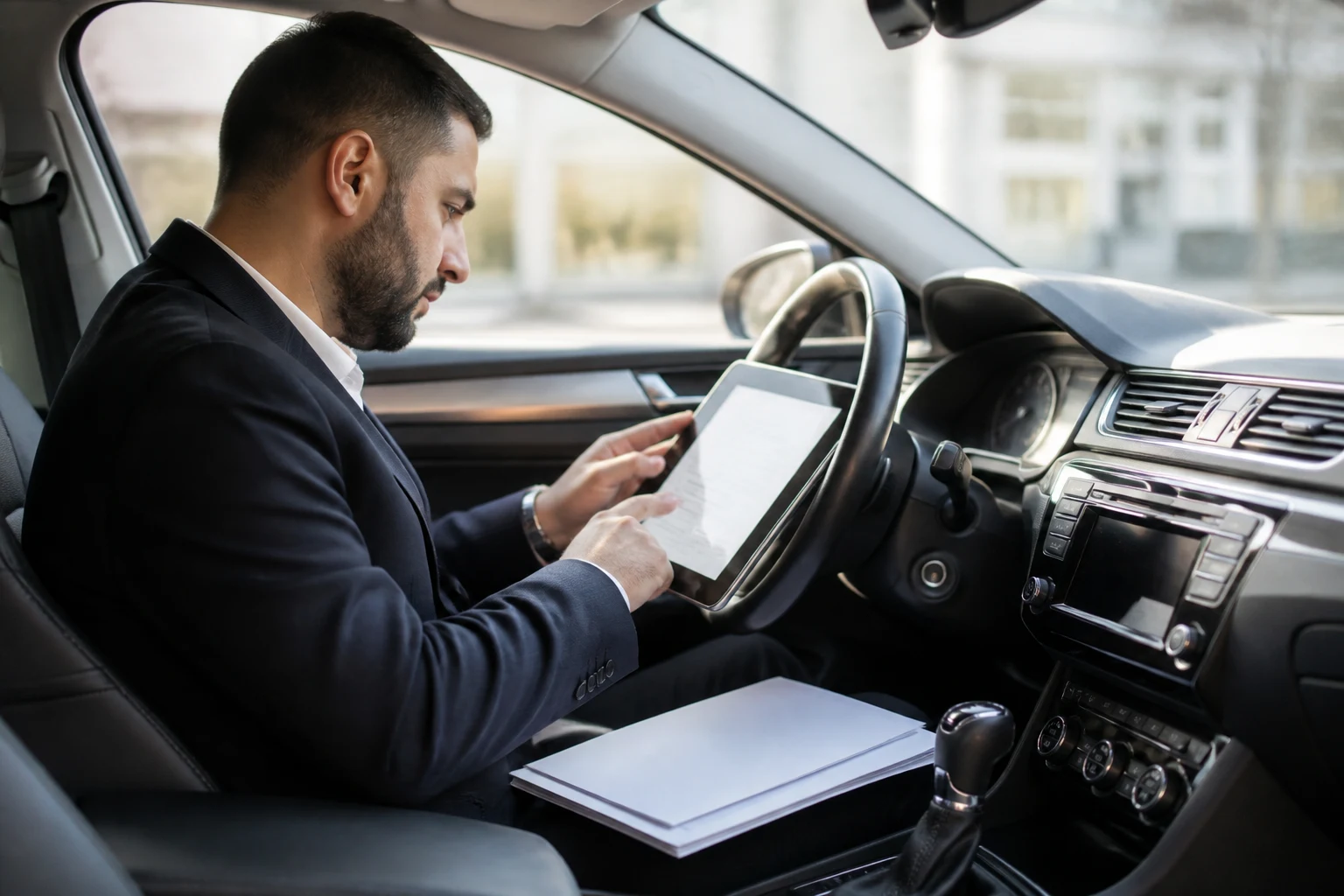 Chauffeur VTC consultant des documents officiels et un code de la loi sur sa tablette dans sa voiture