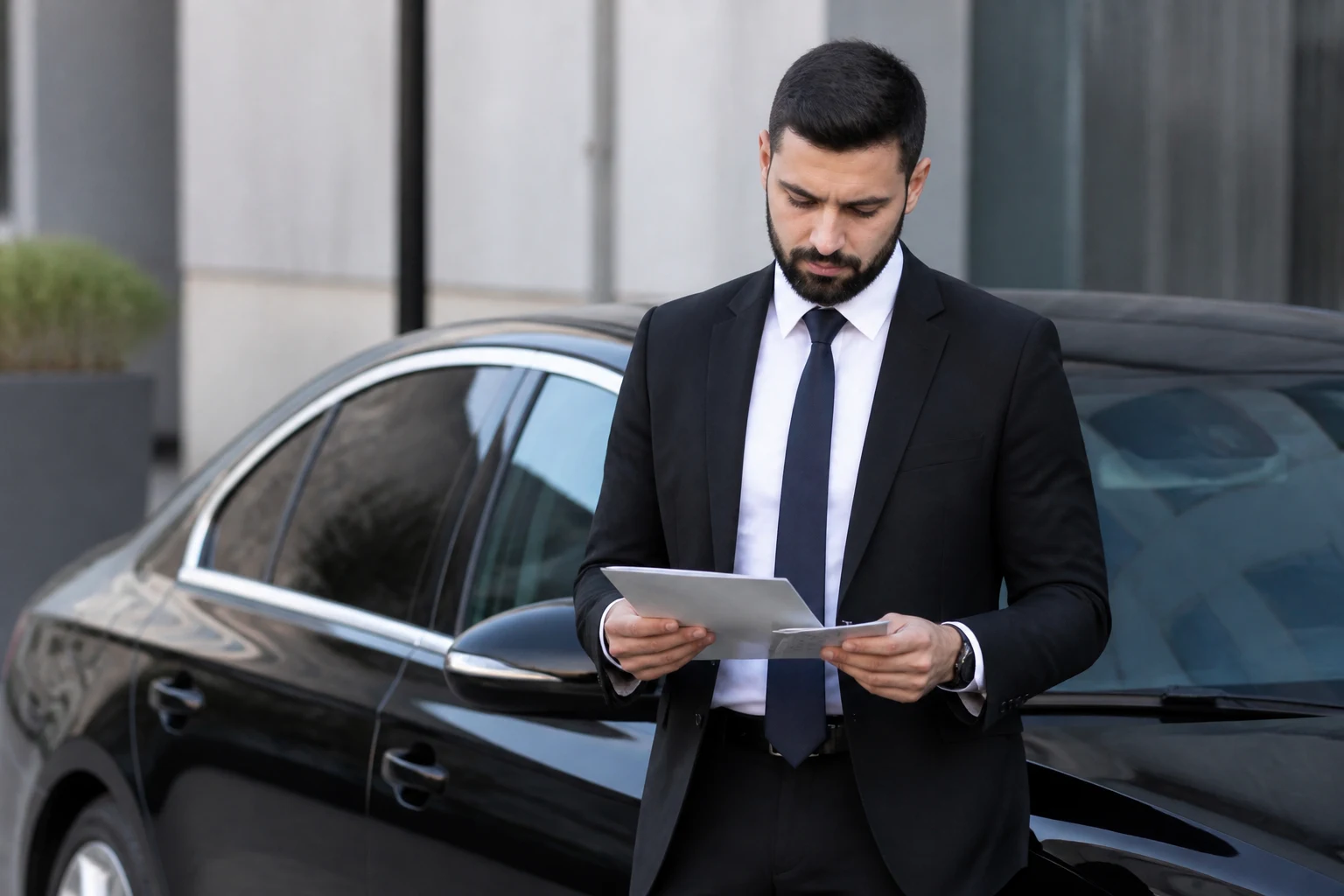 Chauffeur VTC vérifiant ses documents professionnels à côté de son véhicule