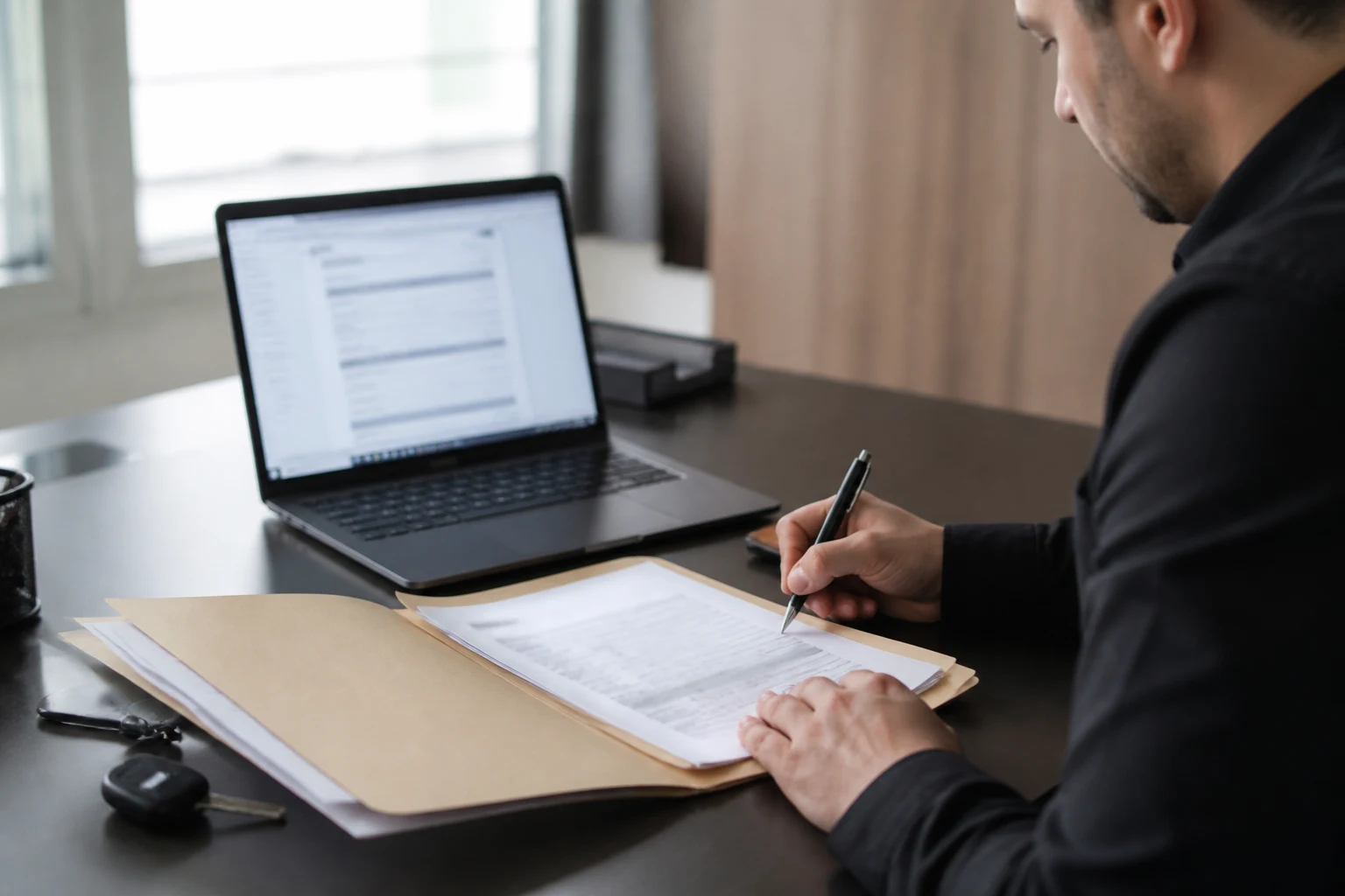 Exploitant VTC préparant son dossier d'inscription au registre REVTC sur ordinateur