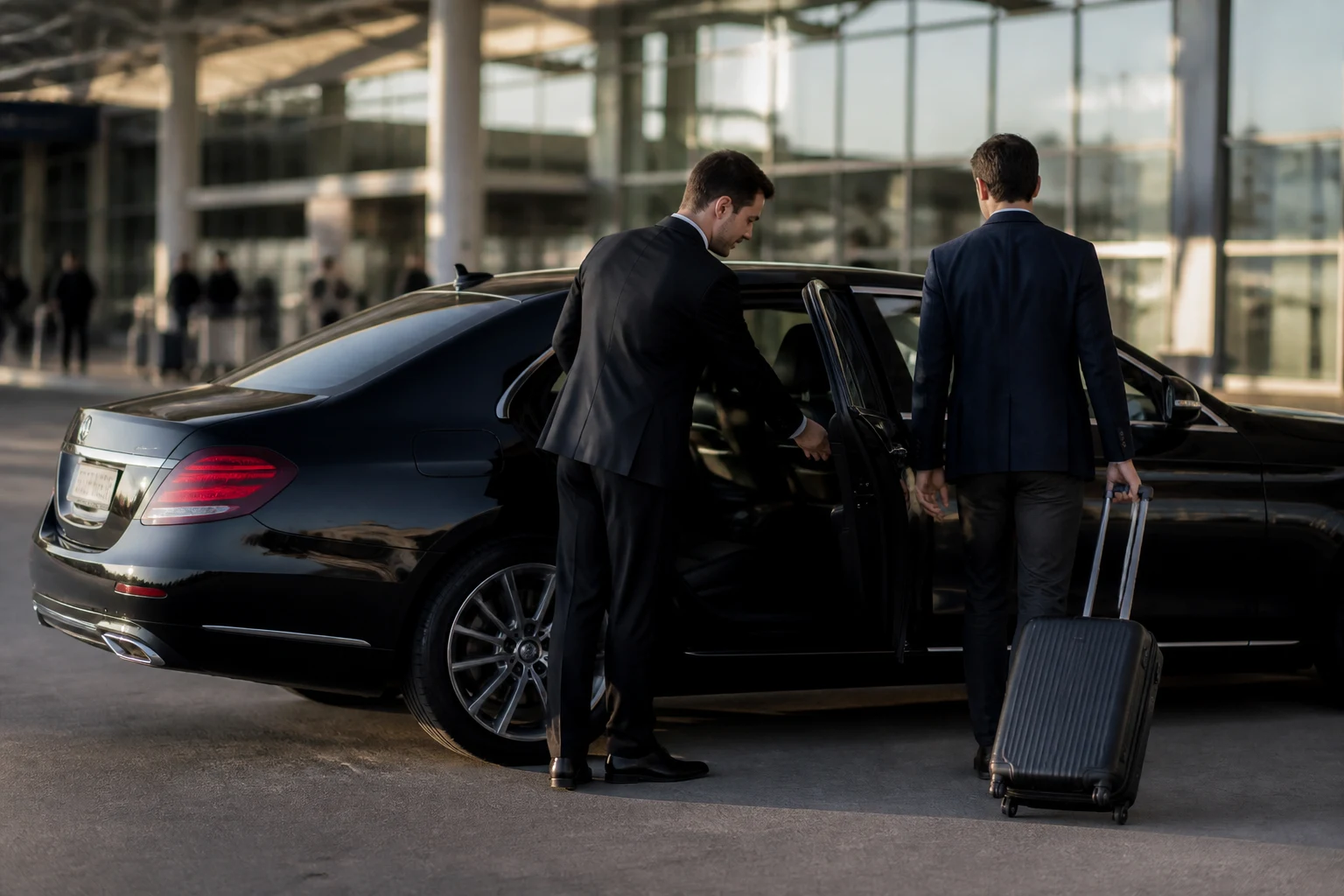 Chauffeur VTC accueillant un client devant le terminal des arrivées d'un aéroport