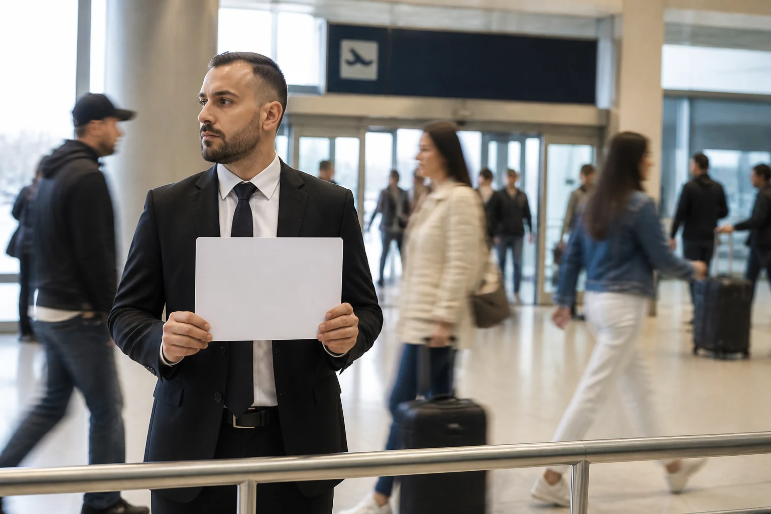Chauffeur VTC attendant un passager en salle d'arrivée d'un aéroport, panneau d'accueil à la main