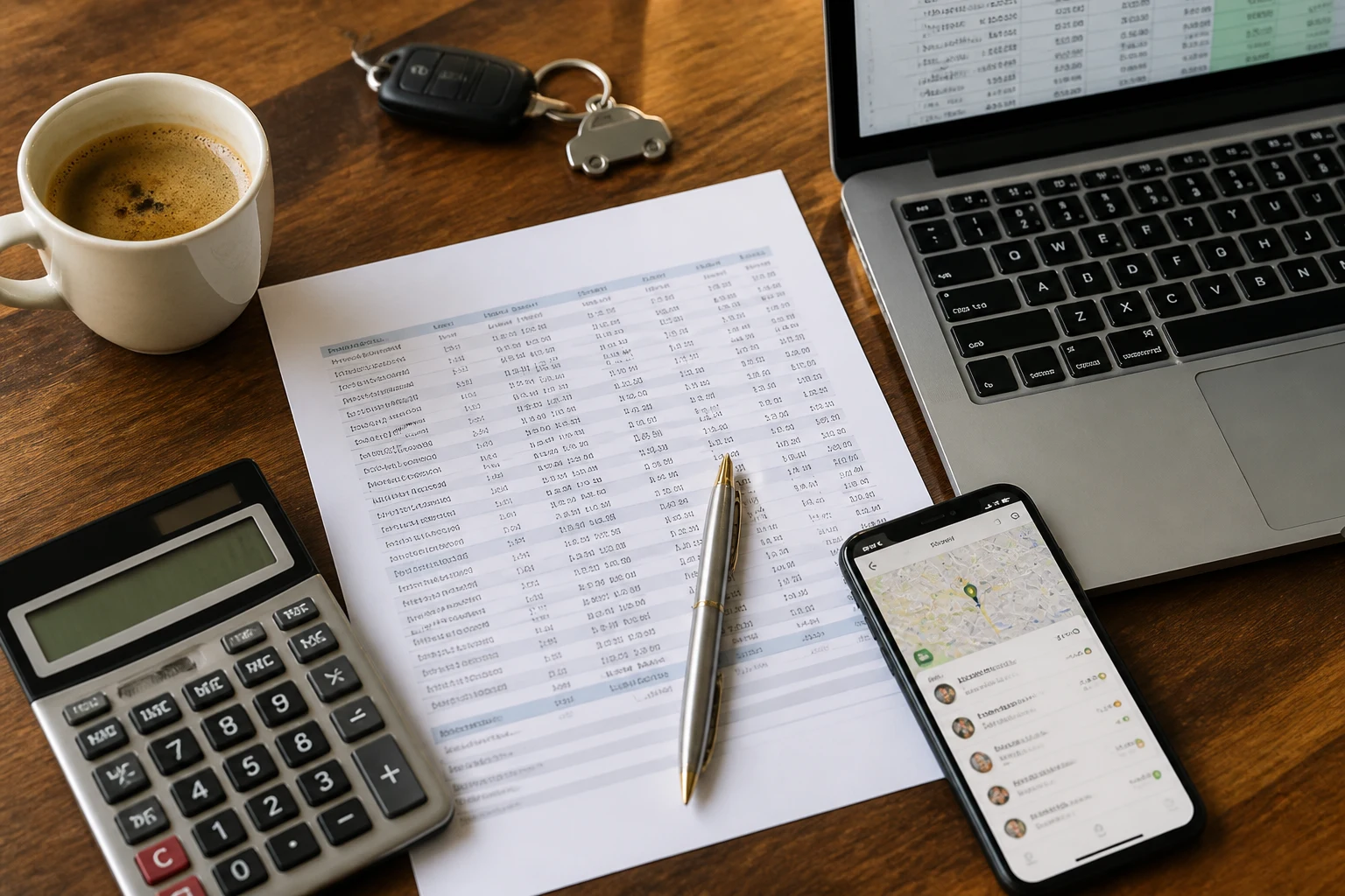 Bureau d'un gérant de flotte VTC avec relevé mensuel des courses, calculatrice et tableau des reversements par chauffeur