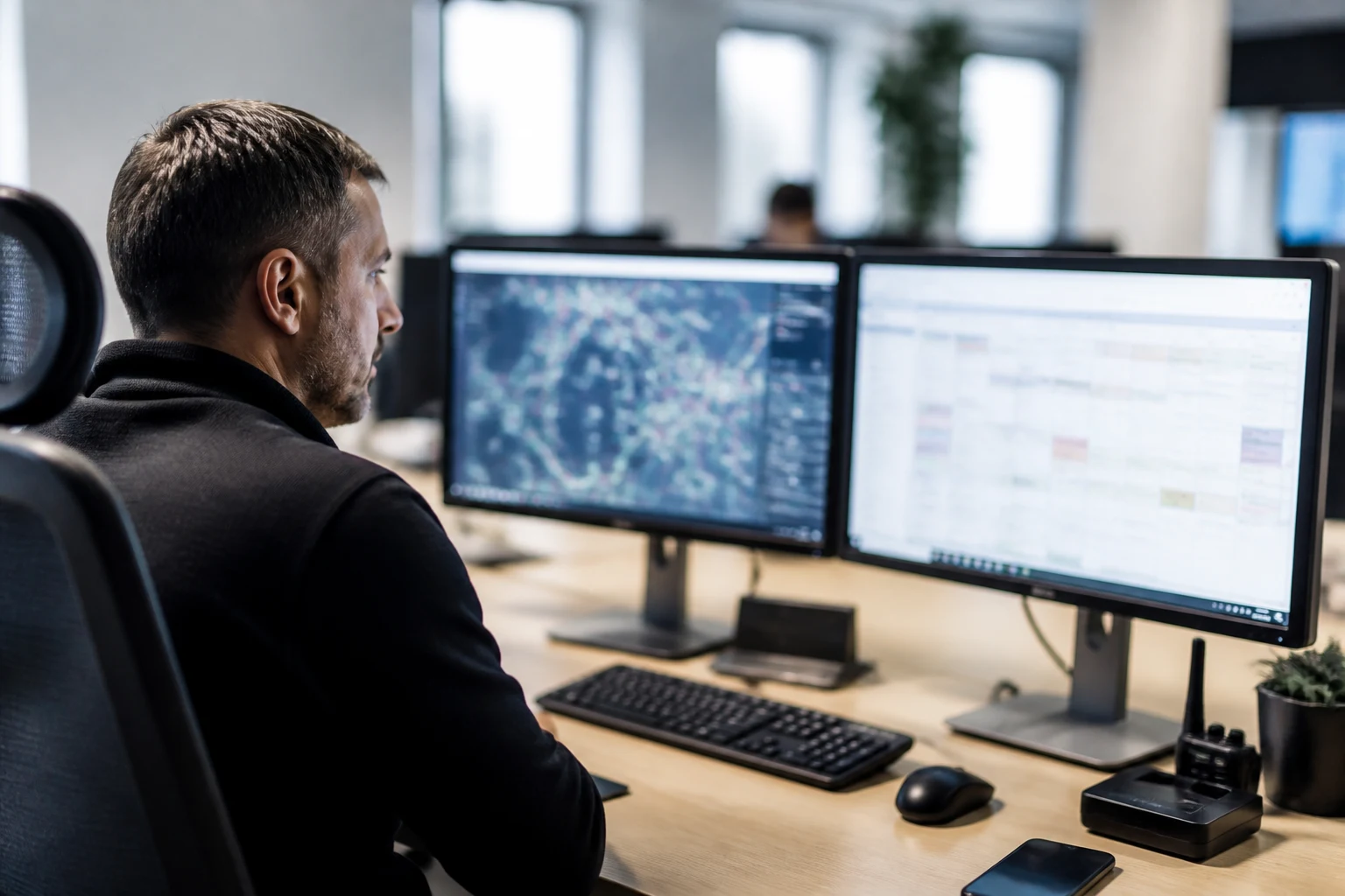 Responsable d'exploitation VTC supervisant le dispatch de sa flotte sur deux écrans