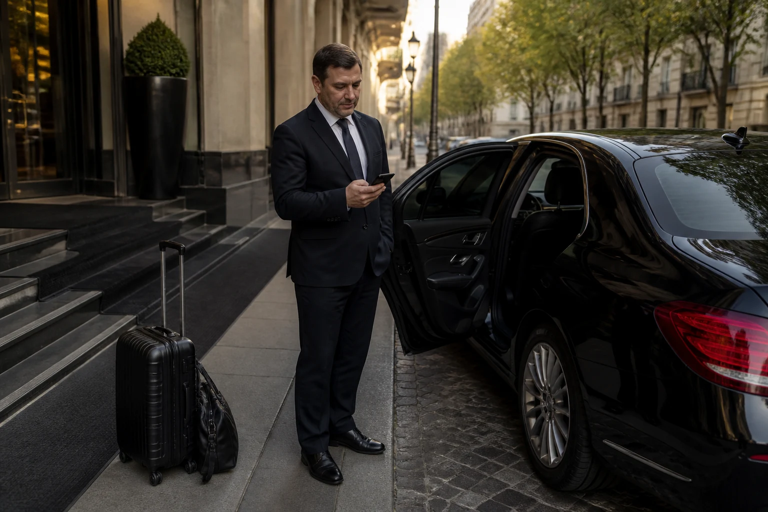 Chauffeur VTC recevant une réservation sur son téléphone devant un hôtel, à côté de sa berline