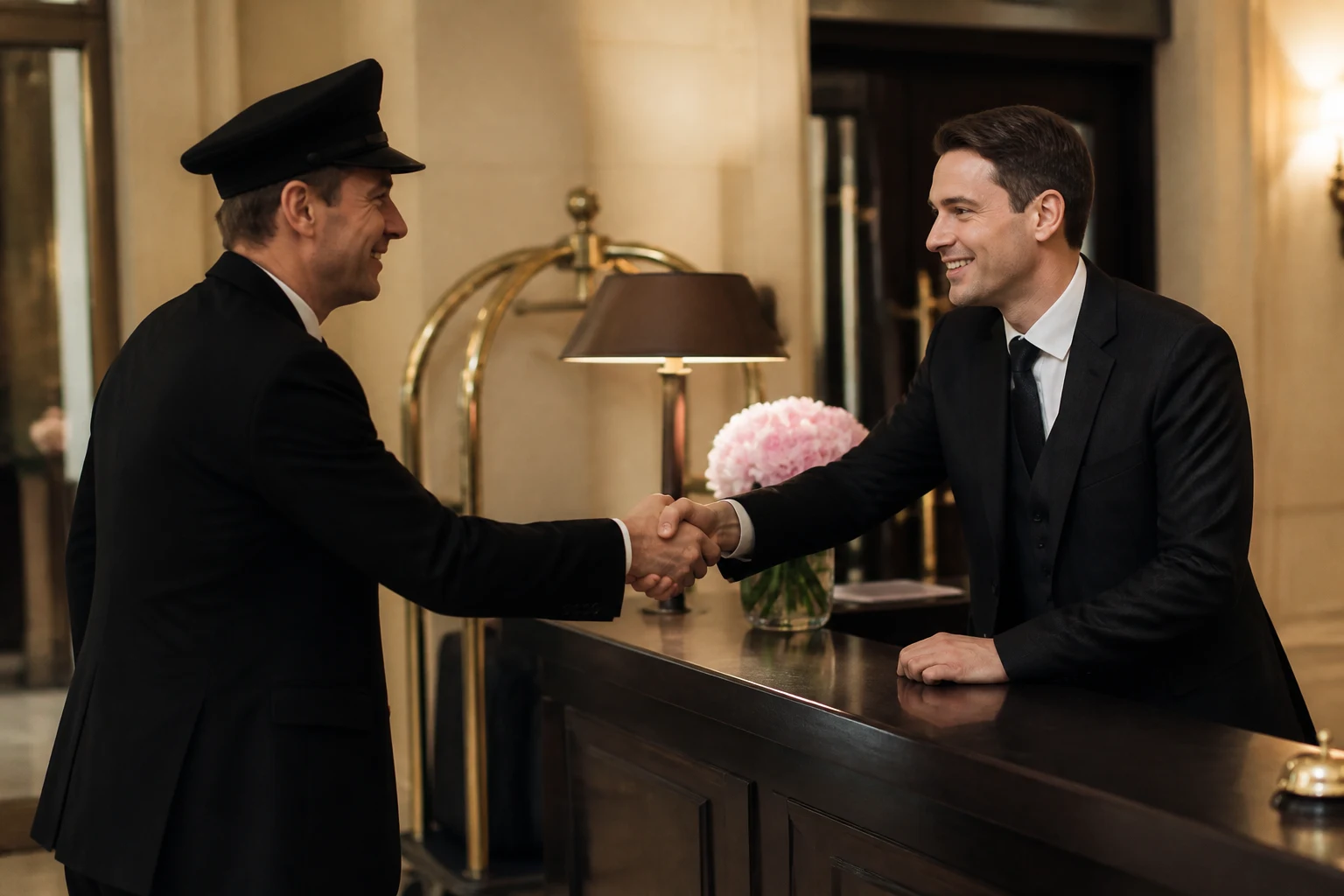 Chauffeur VTC en costume serrant la main d'un concierge à la réception d'un hôtel