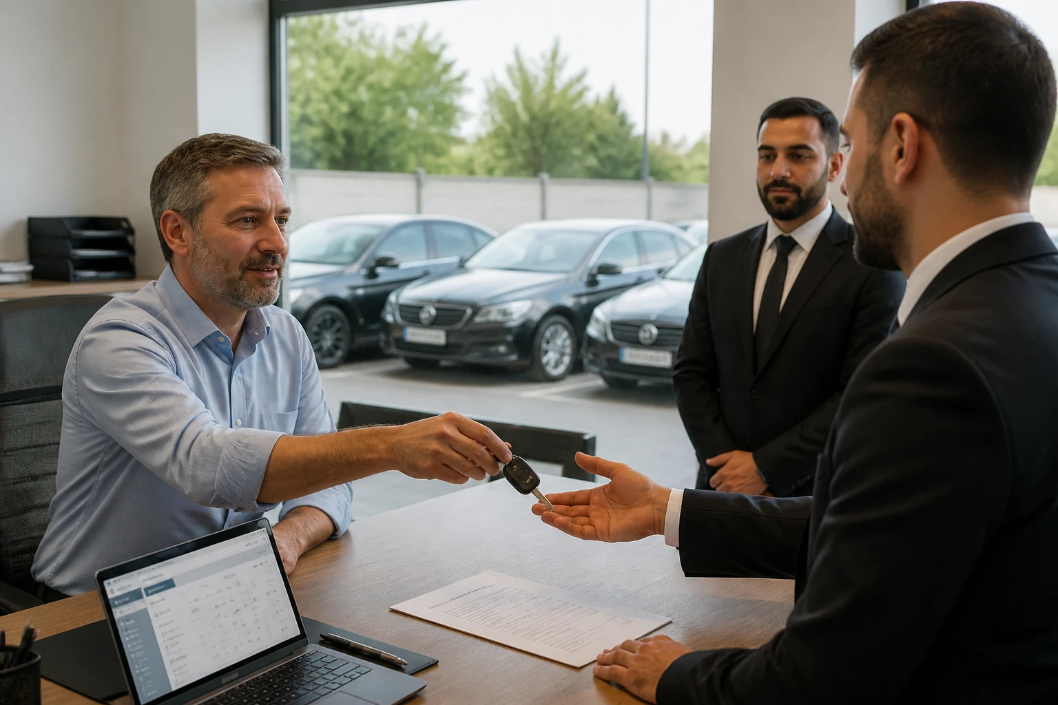 Gérant de flotte VTC remettant les clés d'une berline à un chauffeur dans le bureau de sa société de transport