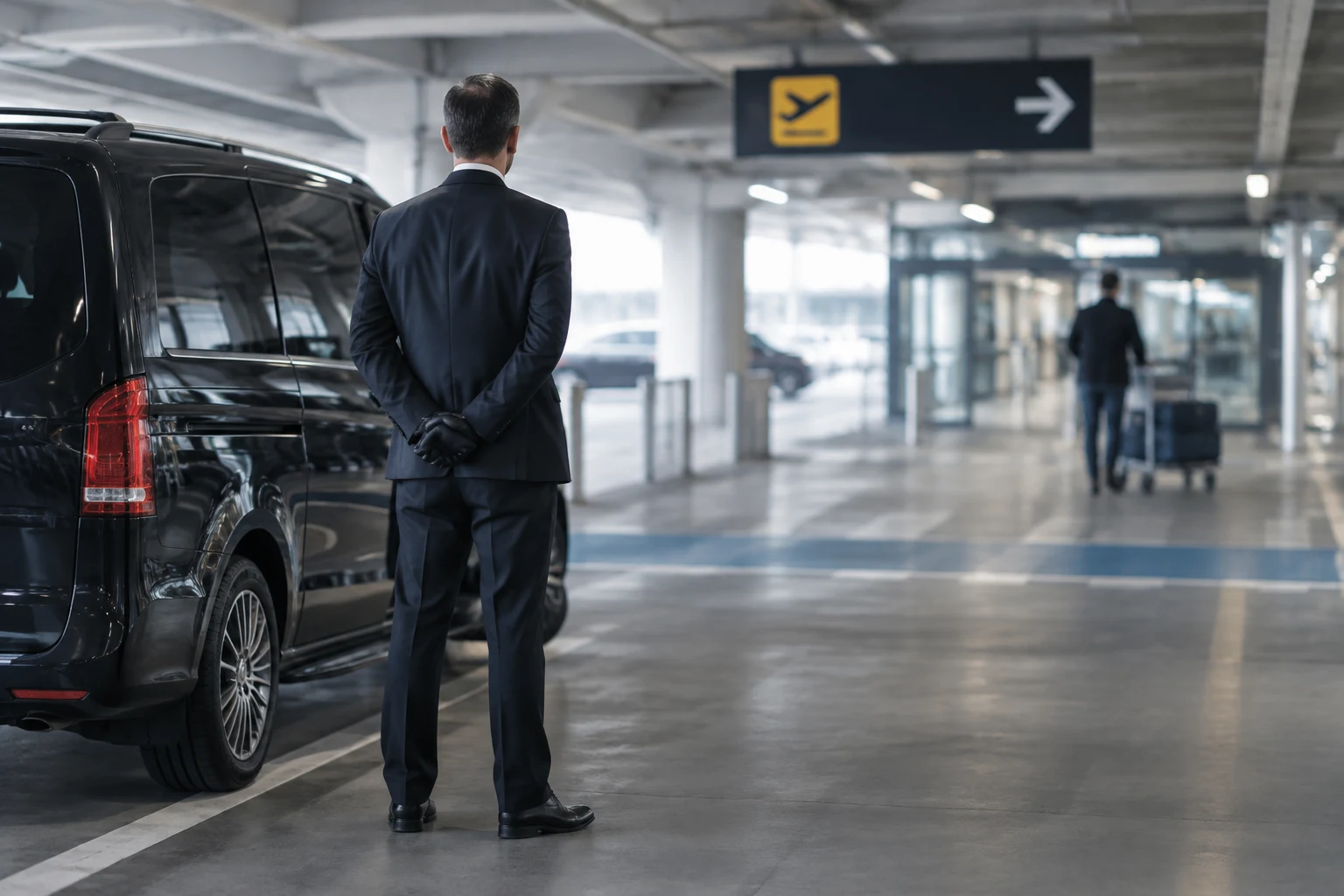 Conductor VTC esperando junto a su vehículo en el aparcamiento de un aeropuerto
