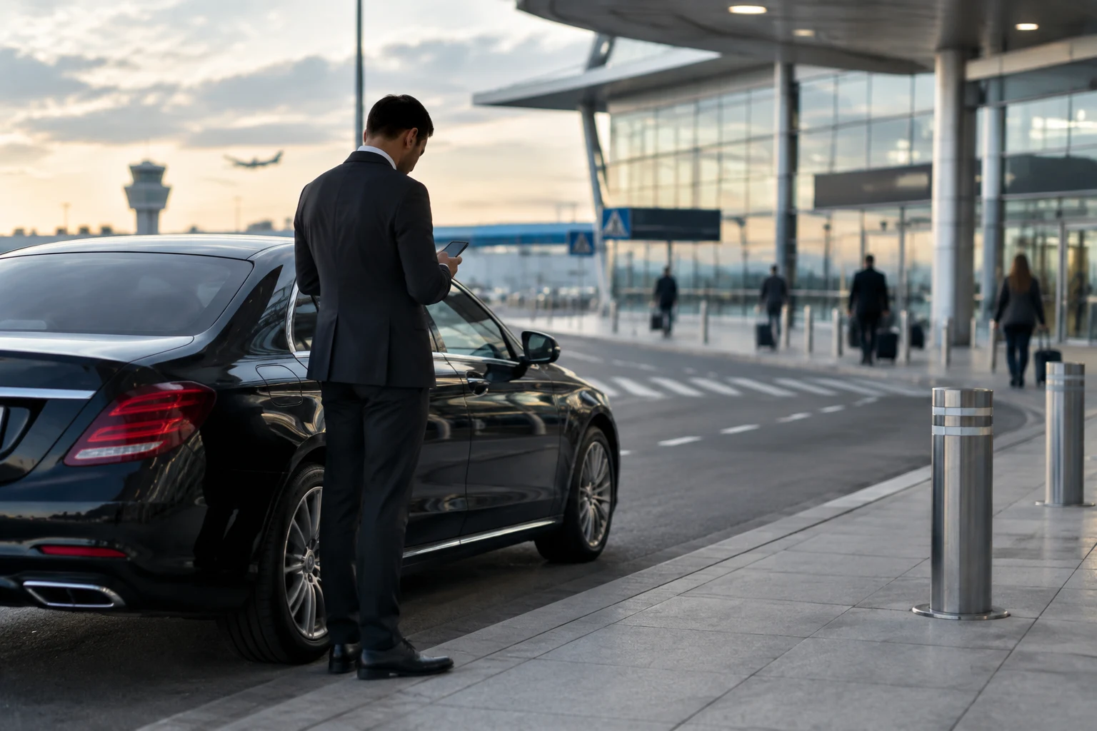Conductor VTC junto a una berlina negra en llegadas del aeropuerto, consultando el móvil antes del servicio