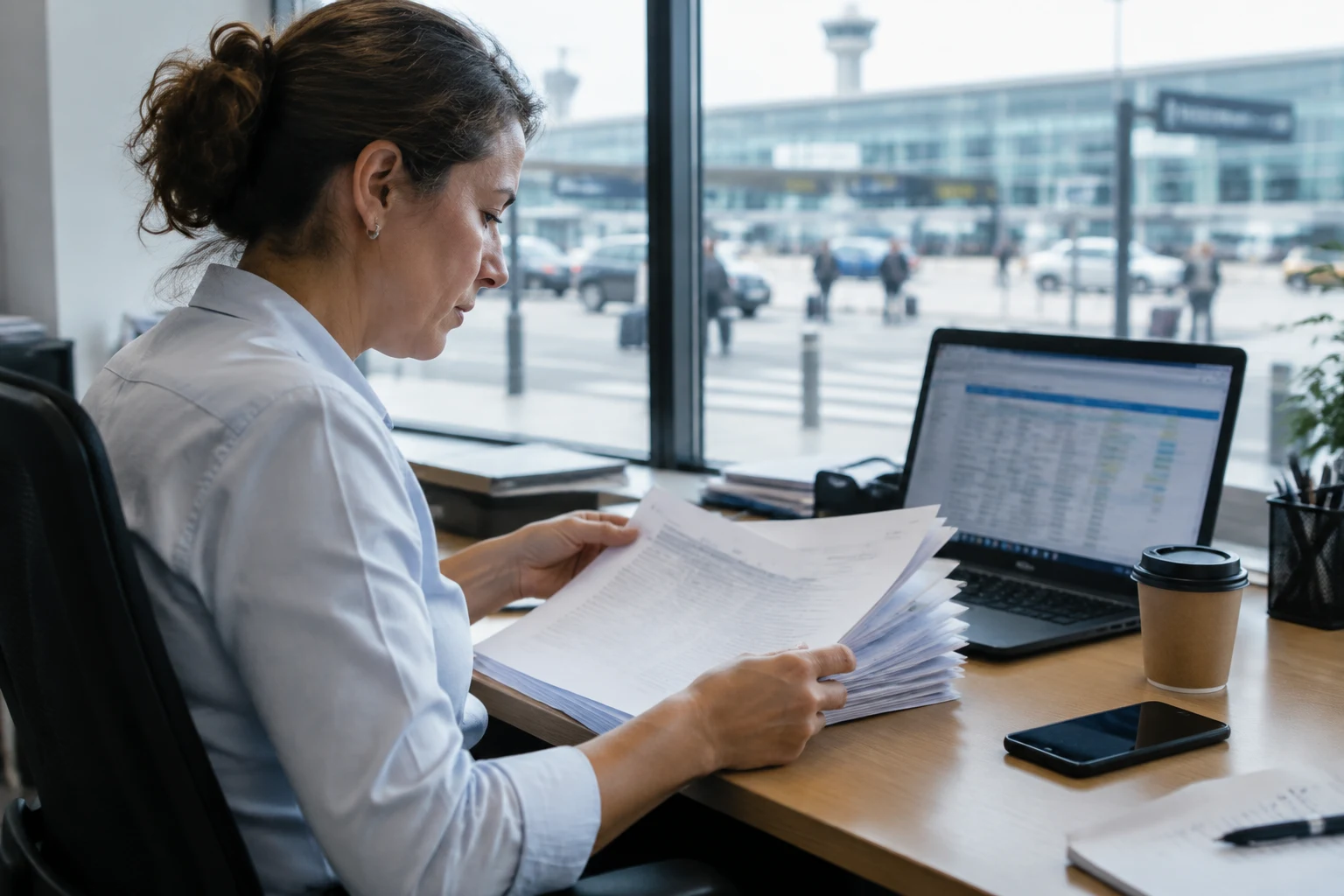 Responsable d'exploitation VTC vérifiant les documents de ses sous-traitants dans un bureau face au terminal des arrivées d'un aéroport