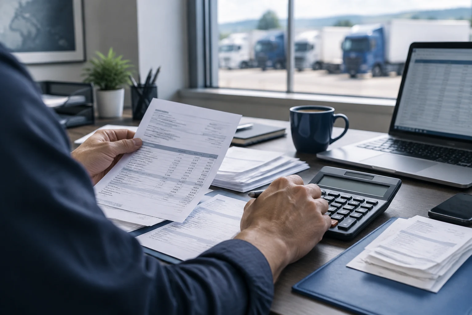 Gerente de una empresa VTC revisando facturas con una calculadora