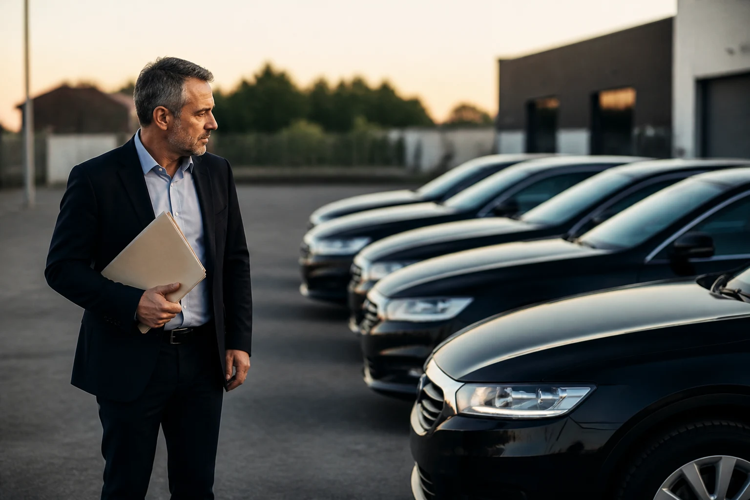Gérant d'une société VTC devant ses berlines alignées sur le parking du dépôt, dossier sous le bras