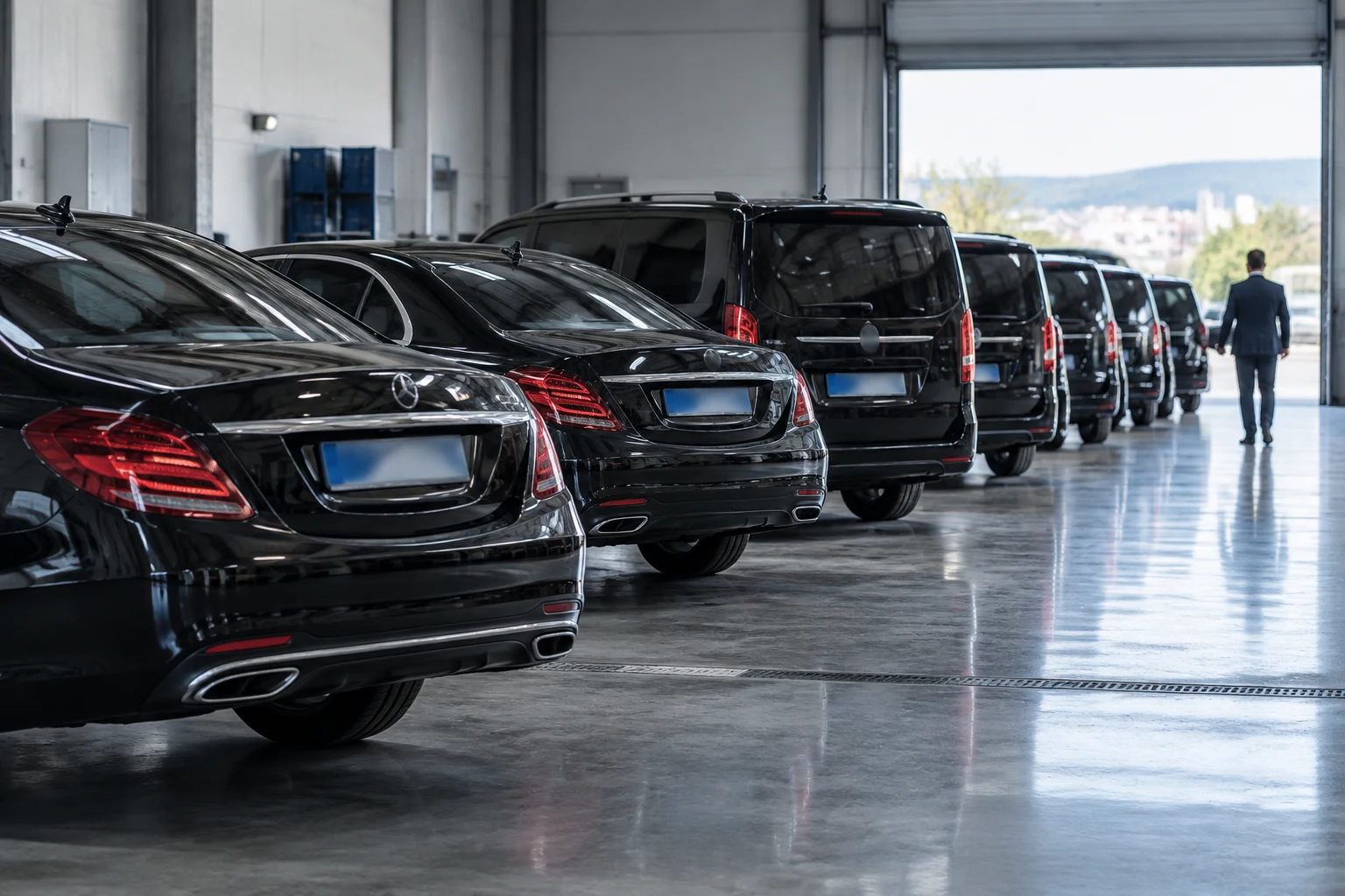 Fila de berlinas y monovolúmenes VTC negros con matrícula trasera azul en una nave