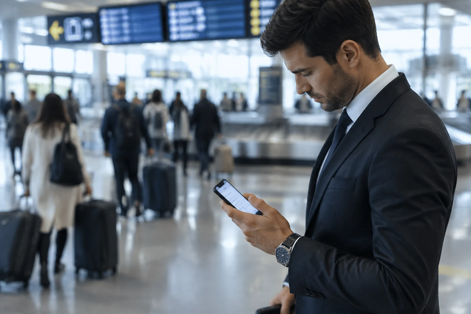 Chauffeur VTC en costume consultant la réservation de son client sur son smartphone dans le hall des arrivées d'un aéroport
