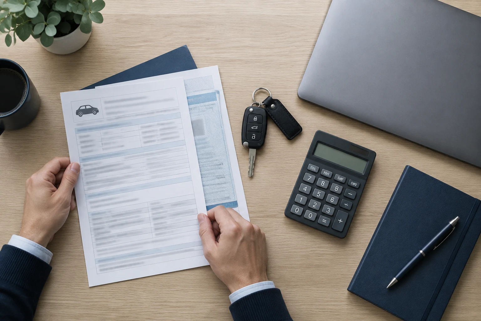 Documentación de un vehículo VTC, llaves y calculadora sobre una mesa