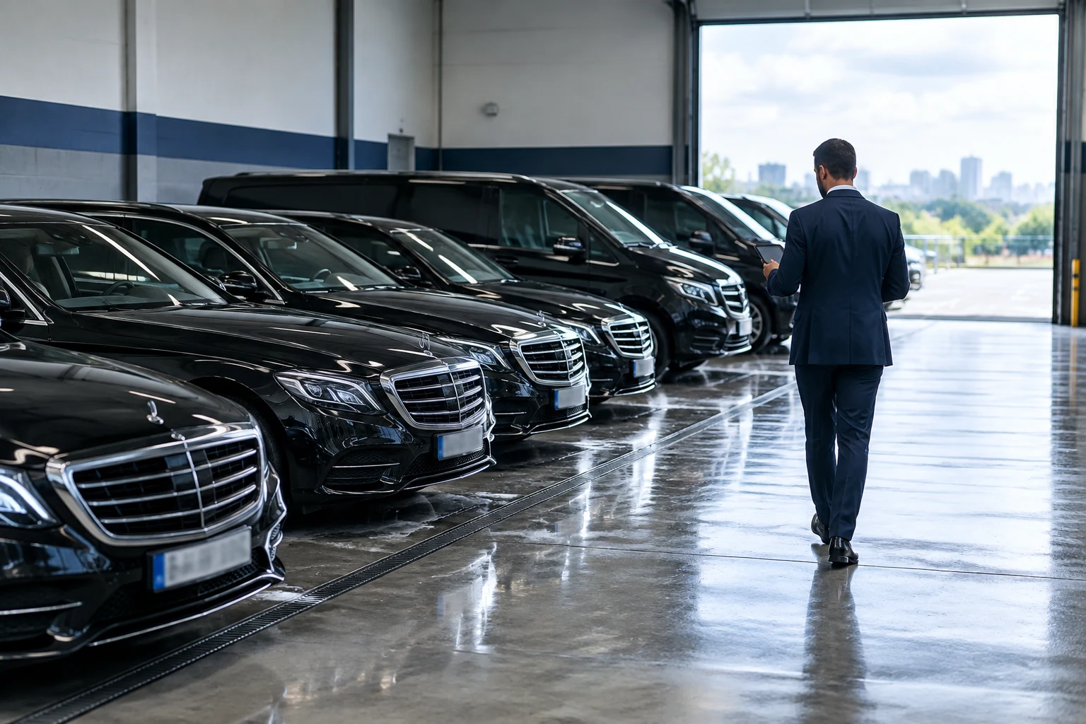 Flota de berlinas y monovolúmenes VTC negros alineados en la nave de la empresa
