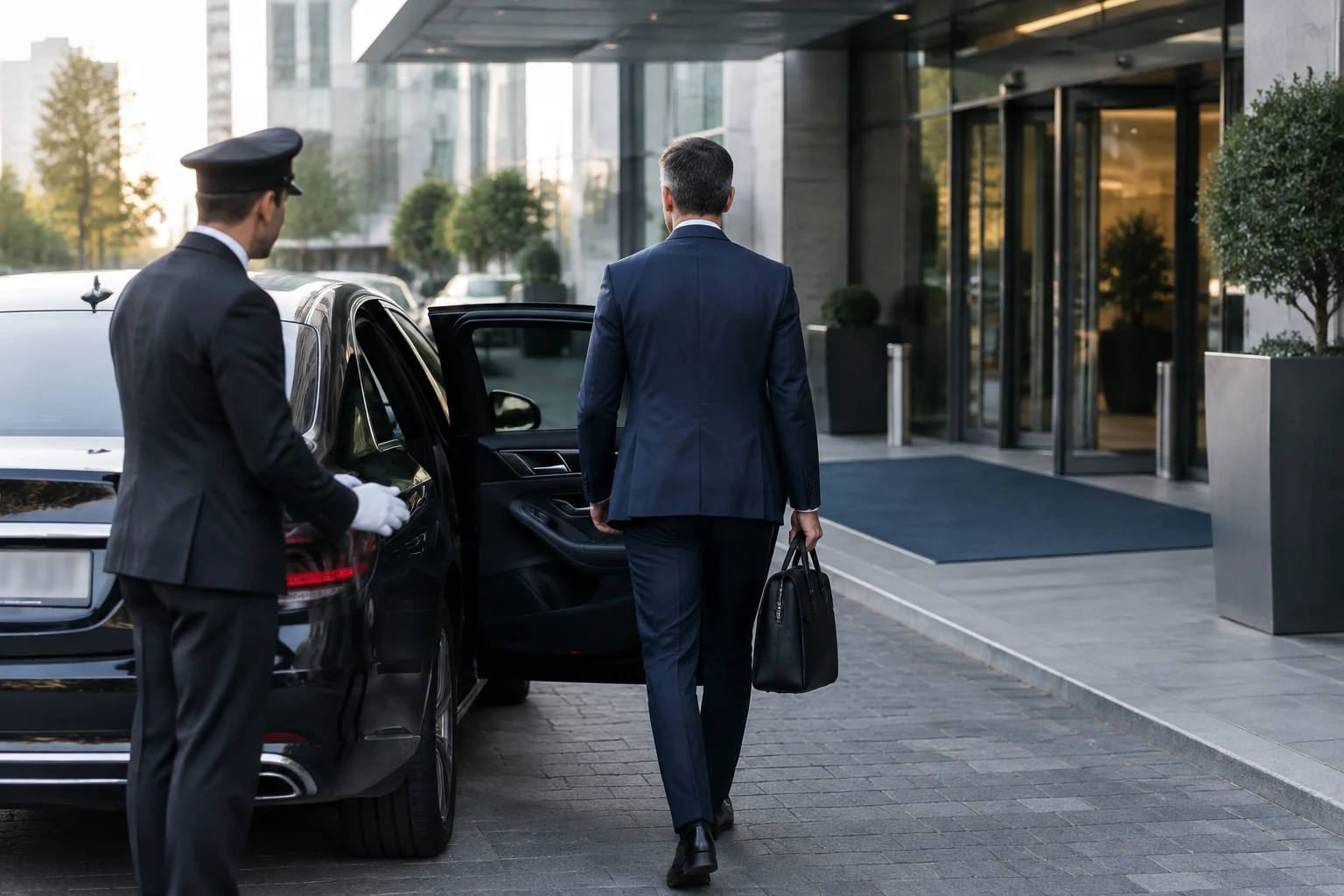 Pasajero de negocios bajando de una berlina VTC frente a un hotel