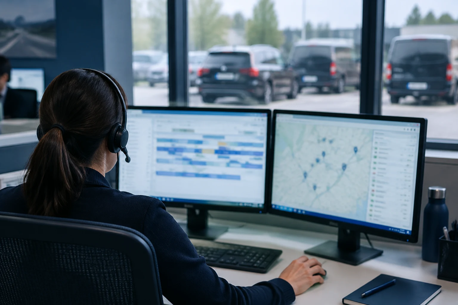 Oficina de dispatch de una empresa VTC con pantallas de planificación
