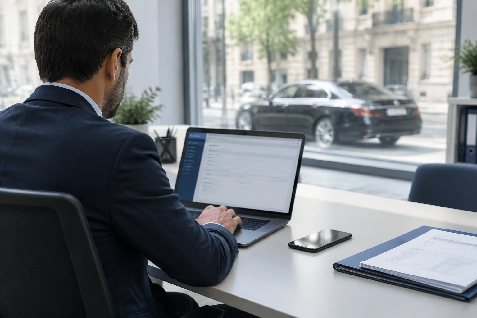 Responsable de una empresa VTC comunicando un servicio al registro desde su portátil