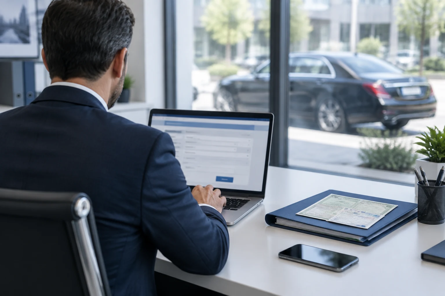 Responsable de una empresa VTC consultando en su portátil el registro de autorizaciones de transporte