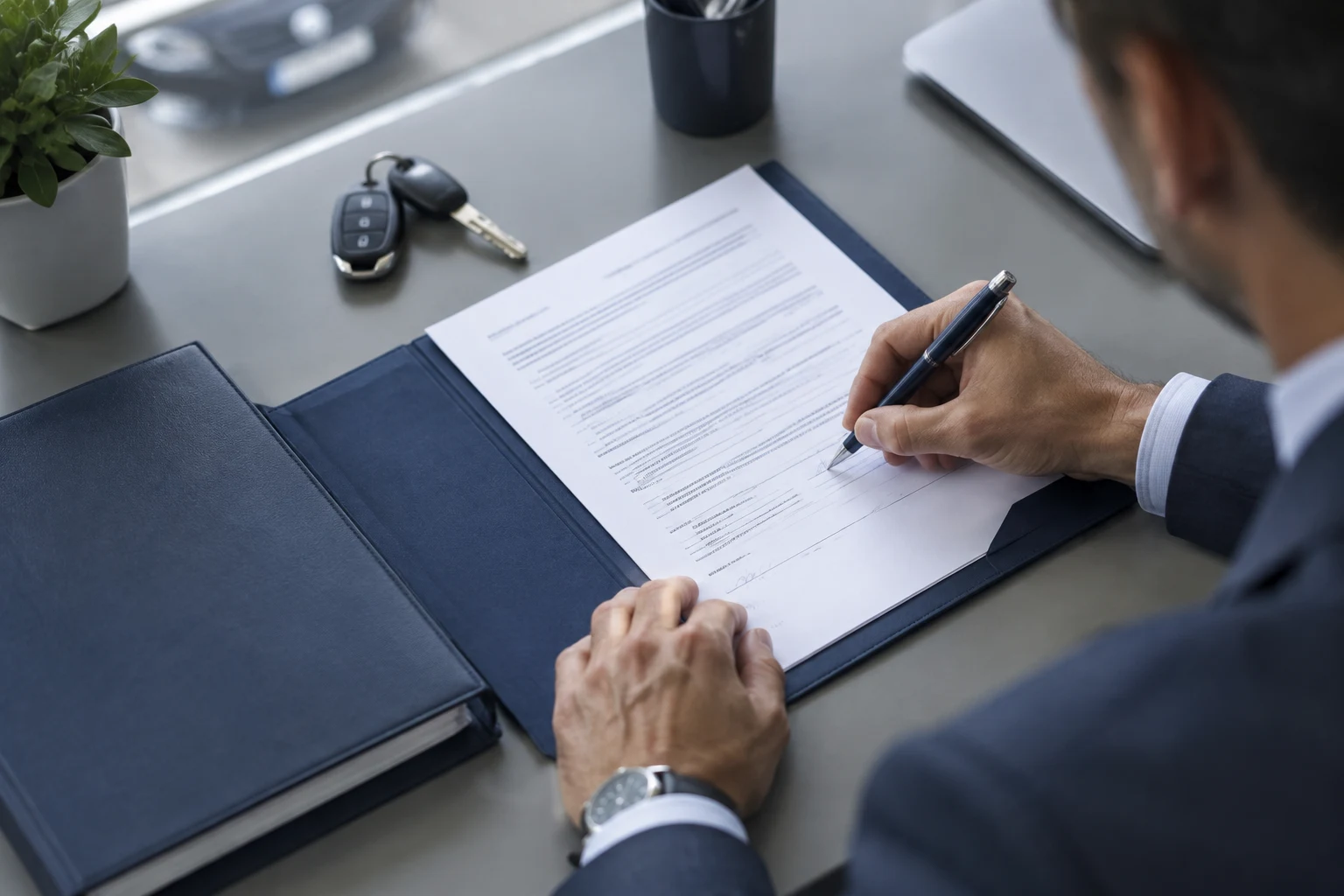 Empresario firmando el expediente de una autorización VTC en una gestoría