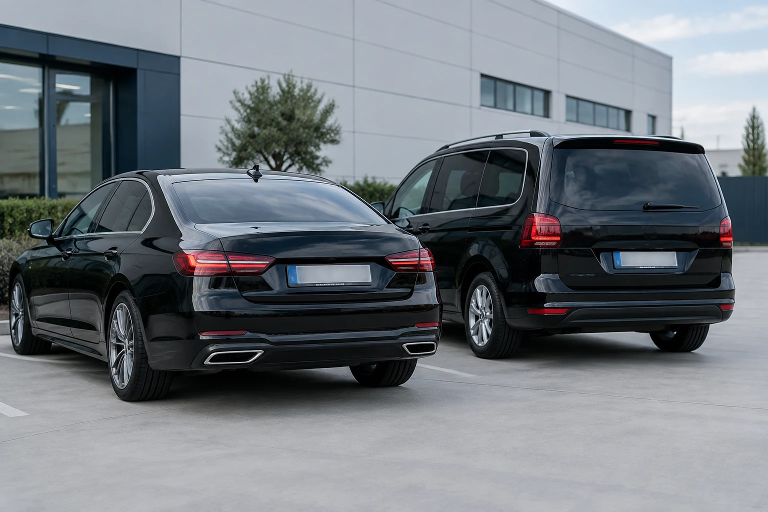 Berlina y monovolumen VTC negros aparcados en el patio de una empresa, vistos desde atrás