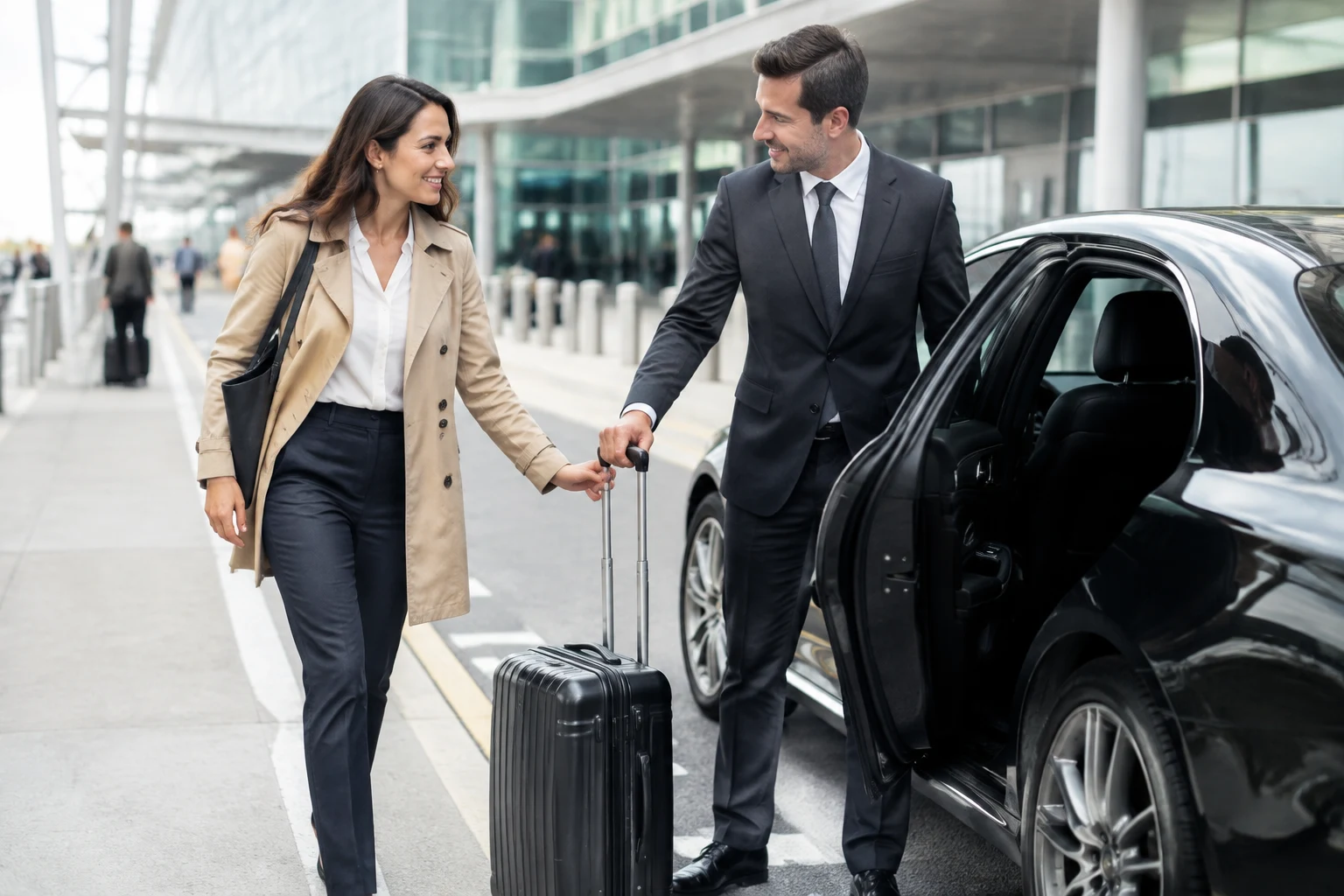 Chauffeur VTC en costume qui accueille une voyageuse d'affaires à la sortie d'un terminal d'aéroport