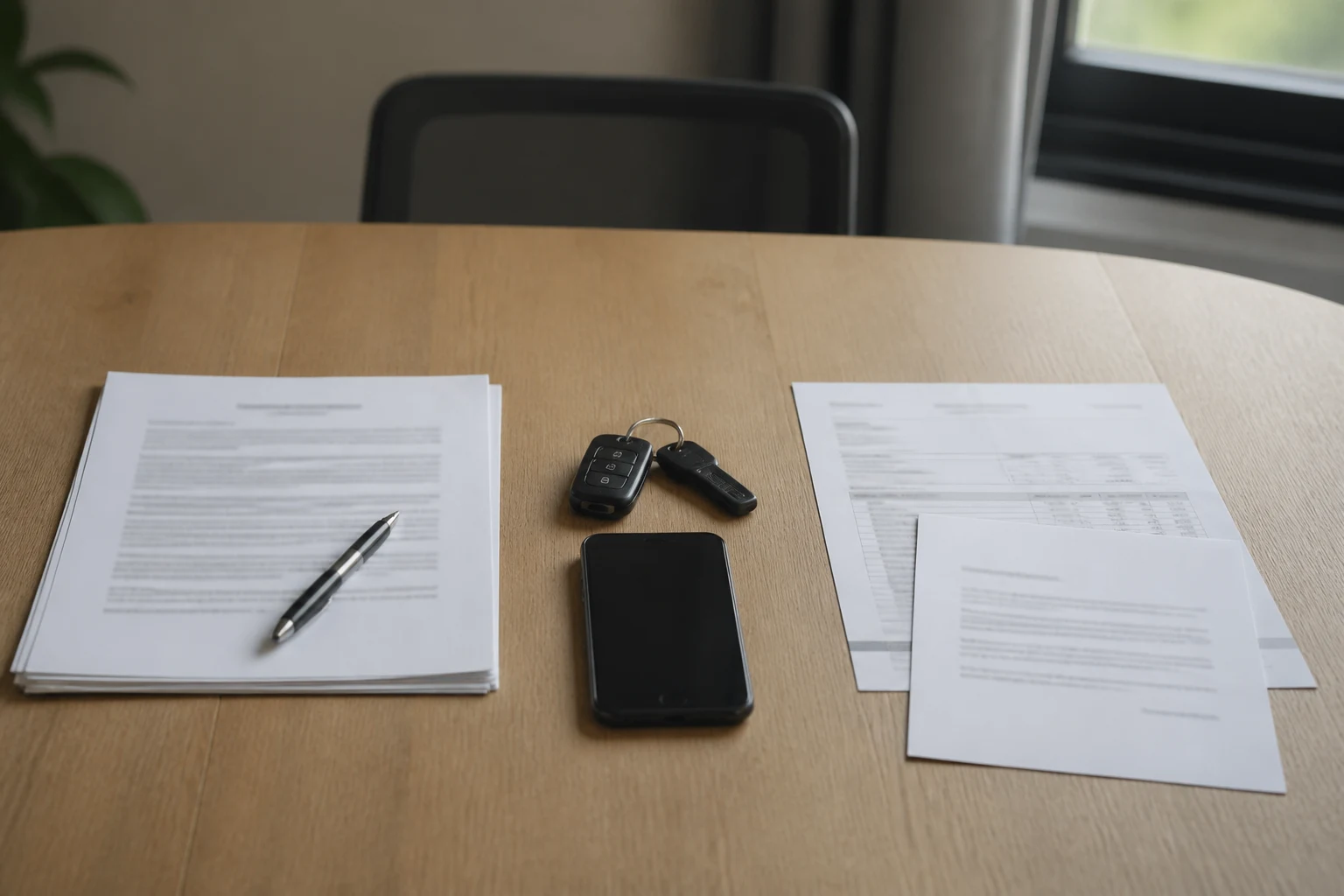 Contrat de travail d'un côté, facture et attestation d'assurance d'un chauffeur indépendant de l'autre, sur une table de réunion