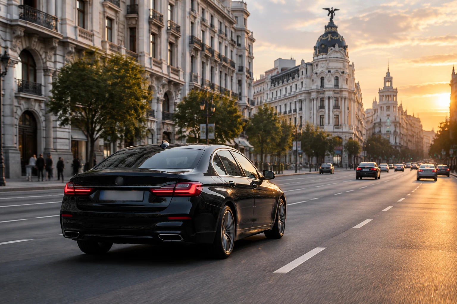 Berlina VTC negra circulando por una gran avenida del centro de Madrid al atardecer