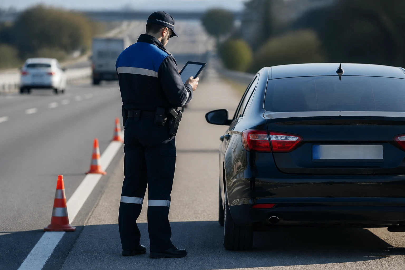 Agente de inspección de transporte comprobando un vehículo VTC detenido en el arcén