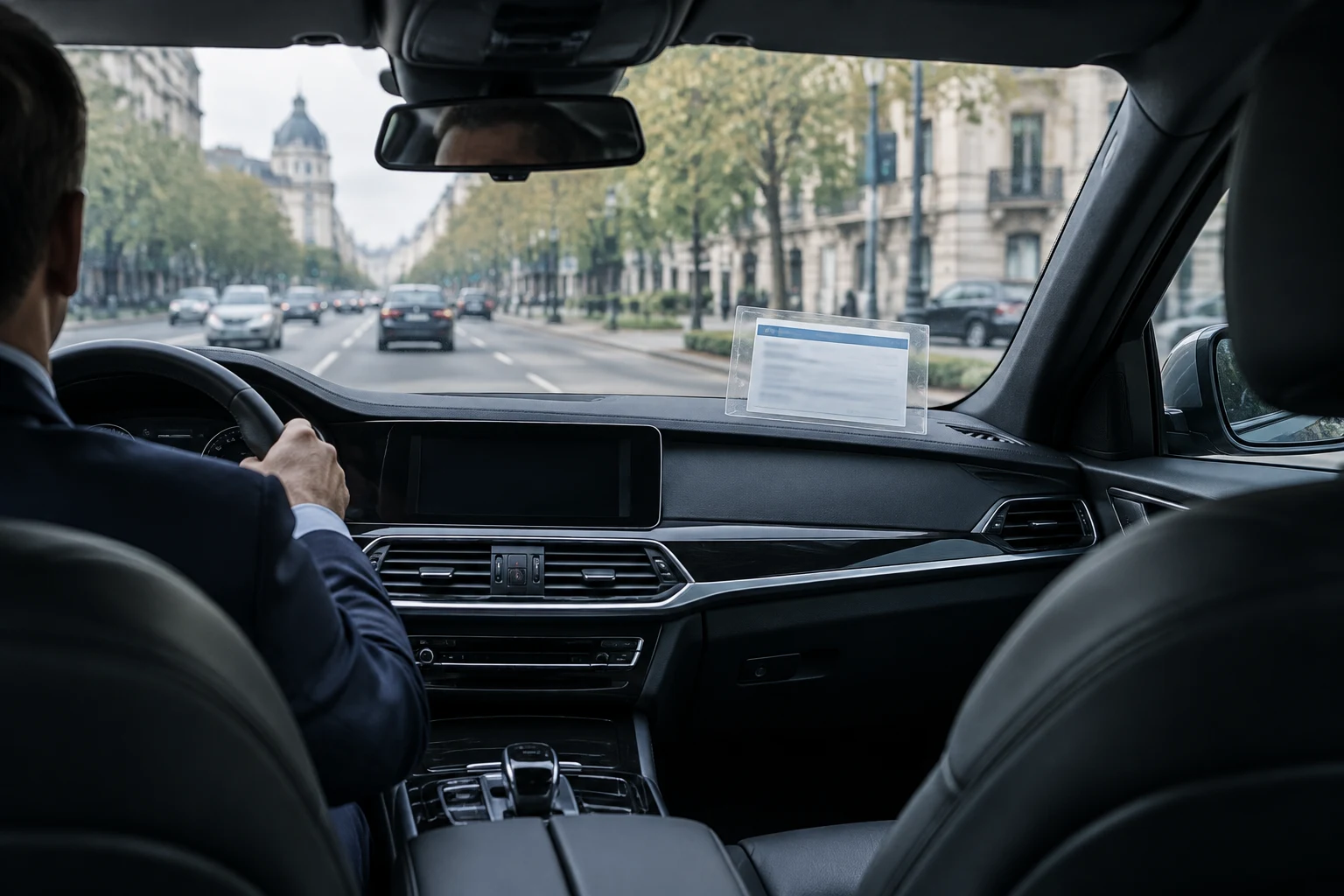 Tarjeta de autorización VTC apoyada tras el parabrisas de una berlina negra