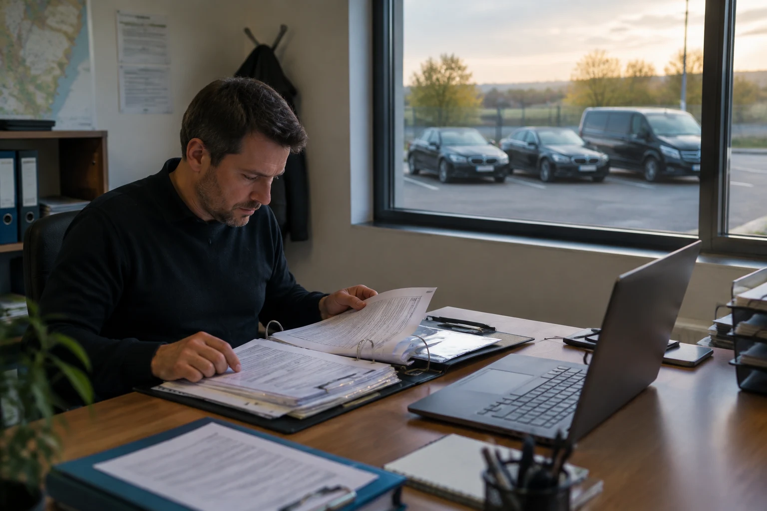 Gérant d'une société de transport de personnes relisant un dossier administratif, avec des berlines et un van de 9 places garés devant le bureau